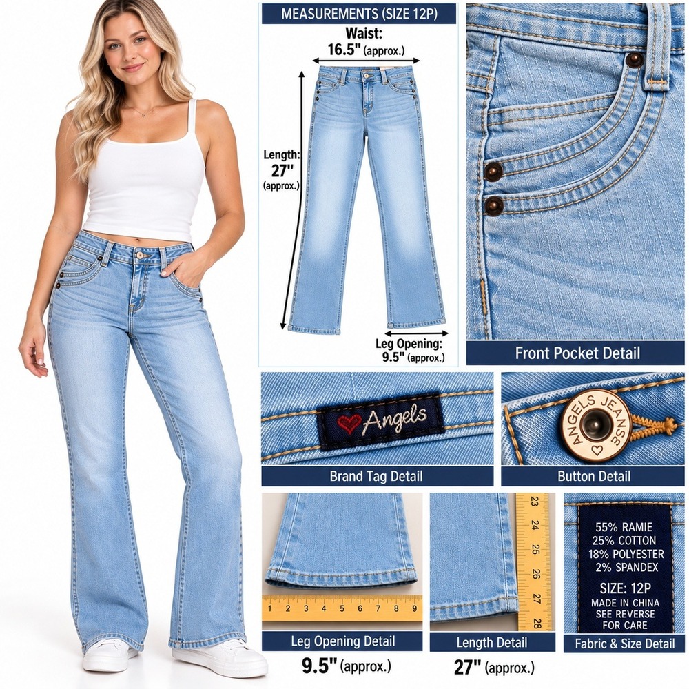 Angels Petite Flare Leg Jeans Light Wash Denim Multi Pocket Size 12P NWT